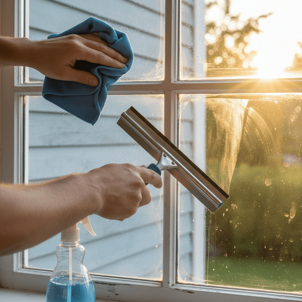 Window cleaning professional at work on residential home